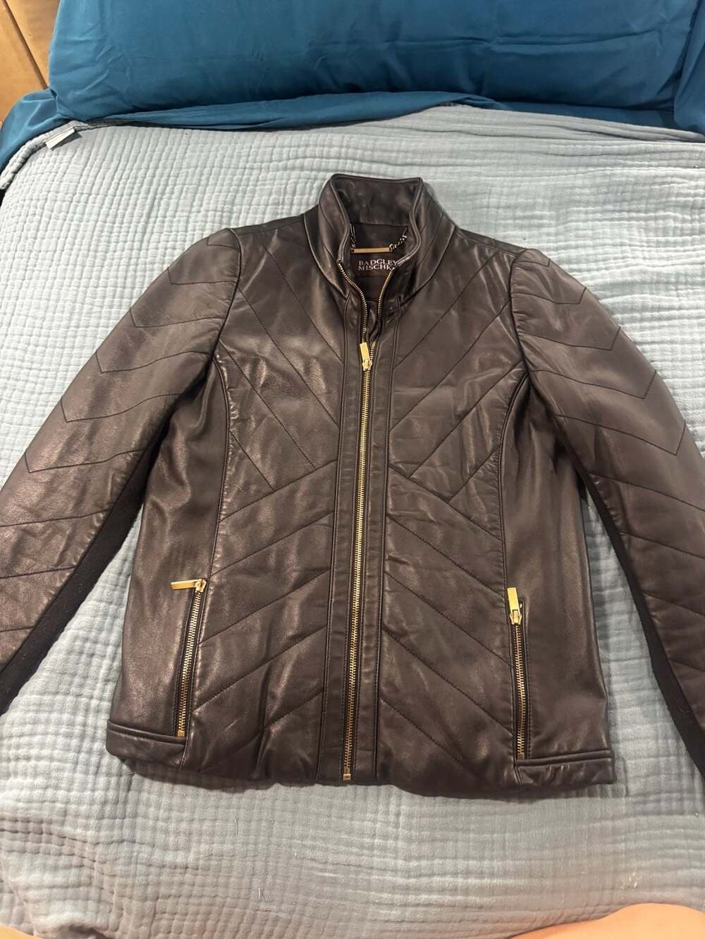 Badgley Mischka Leather Jacket Black Quilted Full Zip